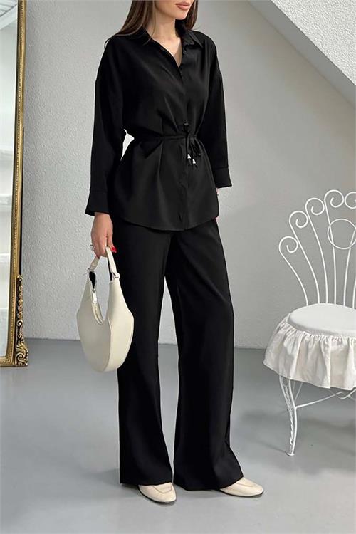 Kadın Siyah Modal Gömlek Yaka Büzgü Detaylı Pantolon Takım ESR045 