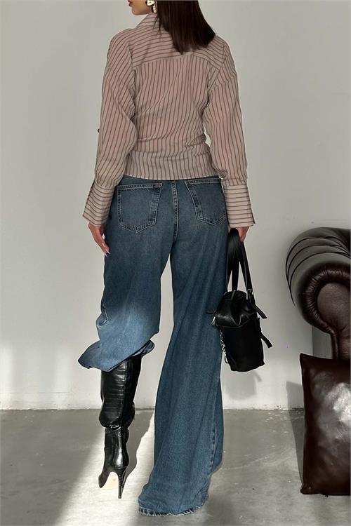 Kadın Vizon Çizgili Kruvaze Bağlama Detaylı Gömlek ESR064 