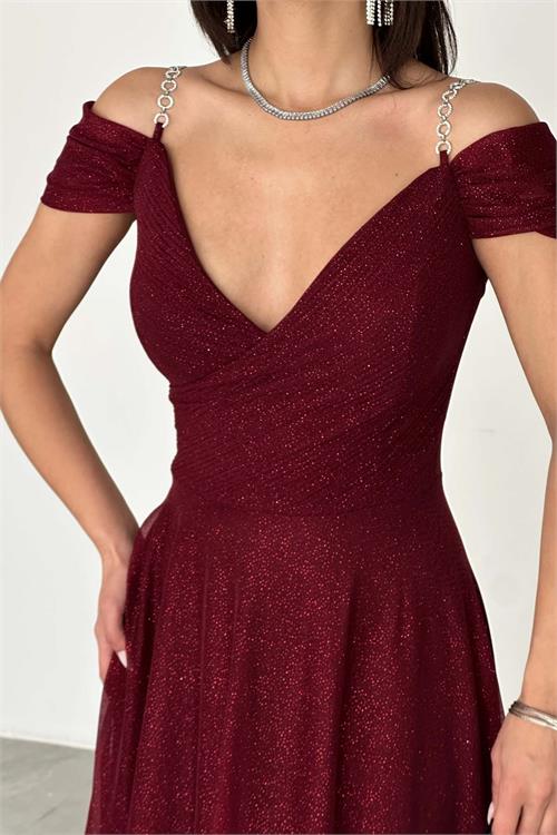 Kadın Beden Bordo Işıltılı Omuz Detaylı Büyük Beden Abiye Elbise ESR068 