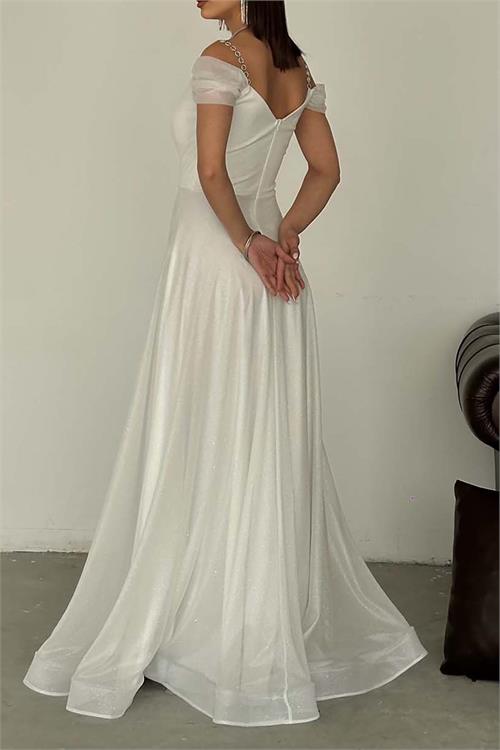 Kadın Beyaz Işıltılı Omuz Detaylı Büyük Beden Abiye Elbise ESR068 