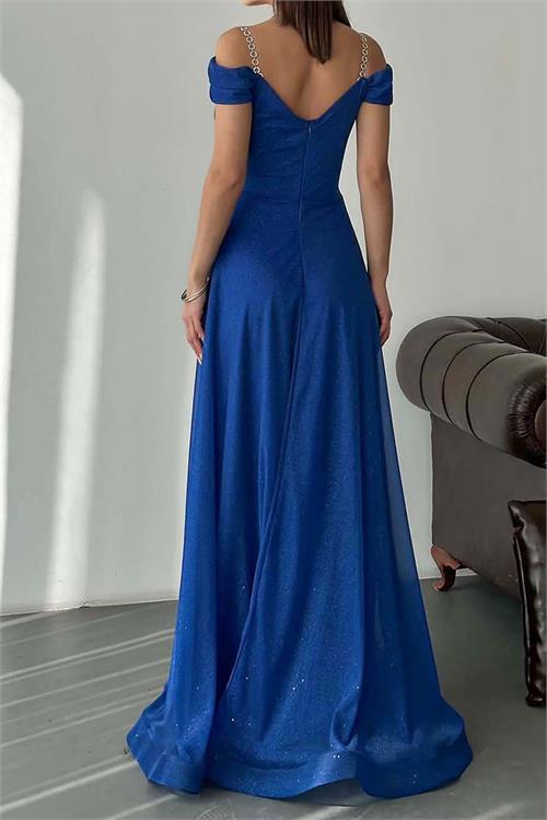 Kadın Saks Mavisi Işıltılı Omuz Detaylı Büyük Beden Abiye Elbise ESR068 