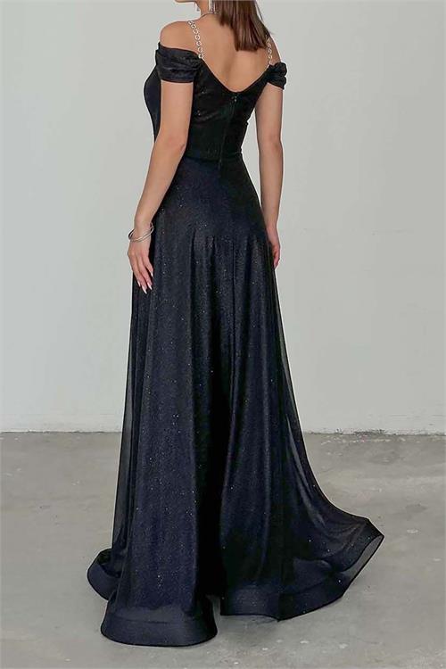 Kadın Siyah Işıltılı Omuz Detaylı Büyük Beden Abiye Elbise ESR068 