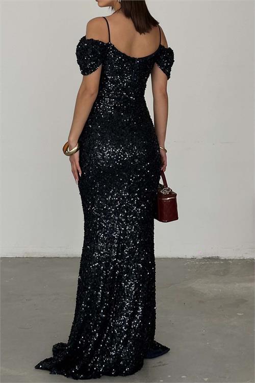 Kadın Lacivert Pul Payet Kuyruklu Maxi Boy Abiye Elbise ESR072 