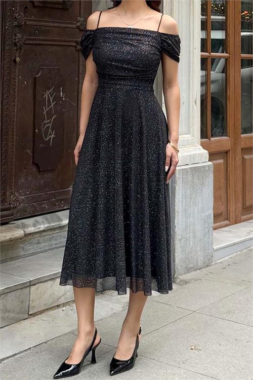 Kadın Siyah Simli Carmen Yaka Askılı Midi Boy Abiye Elbise ESR091 