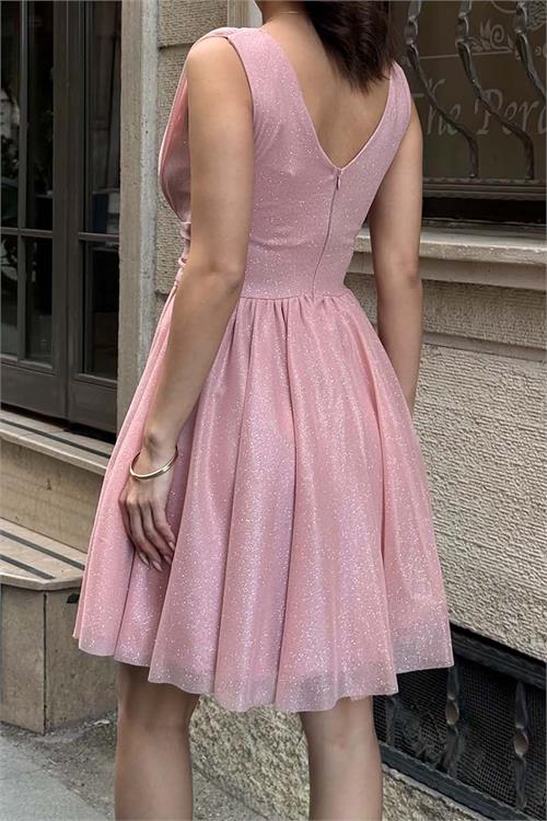 Kadın Pembe Işıltılı V Yaka Mini Boy Abiye & Mezuniyet Elbisesi ESR092 