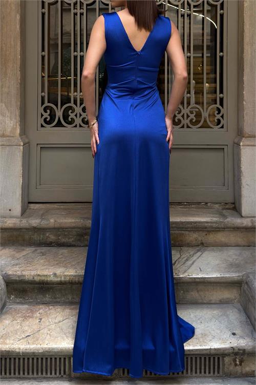 Kadın Saks Mavisi V Yaka Yırtmaçlı Uzun Abiye Elbise ESR0105 