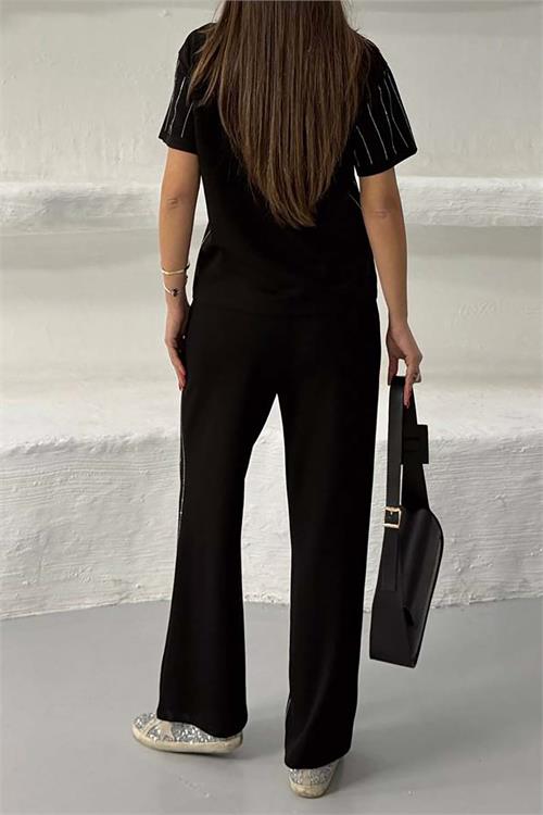 Kadın Siyah Çizgili Taş Detaylı Pantolon Tişört Takım ESR028 