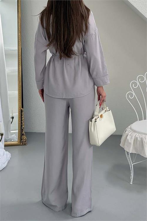 Kadın Gri Modal Gömlek Yaka Büzgü Detaylı Pantolon Takım ESR045 