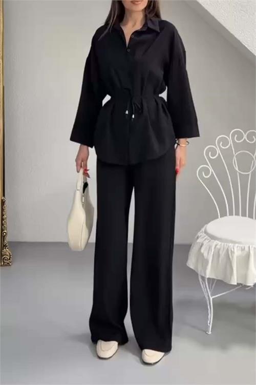 Kadın Siyah Modal Gömlek Yaka Büzgü Detaylı Pantolon Takım ESR045 