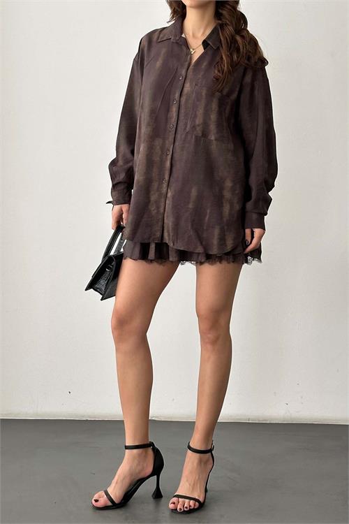 Kadın Kahverengi Gömlek Yaka Etek Takım ESR058 