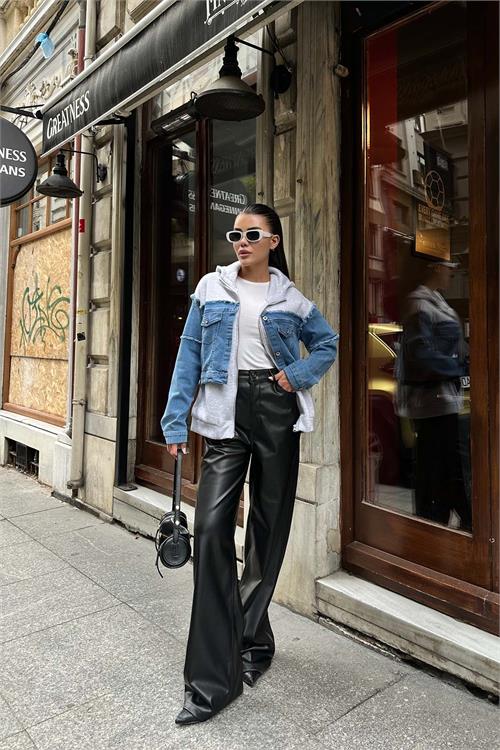 Kadın Mavi Jean Detaylı Kapüşonlu Fermuarlı Sweat Ceket ESR018 