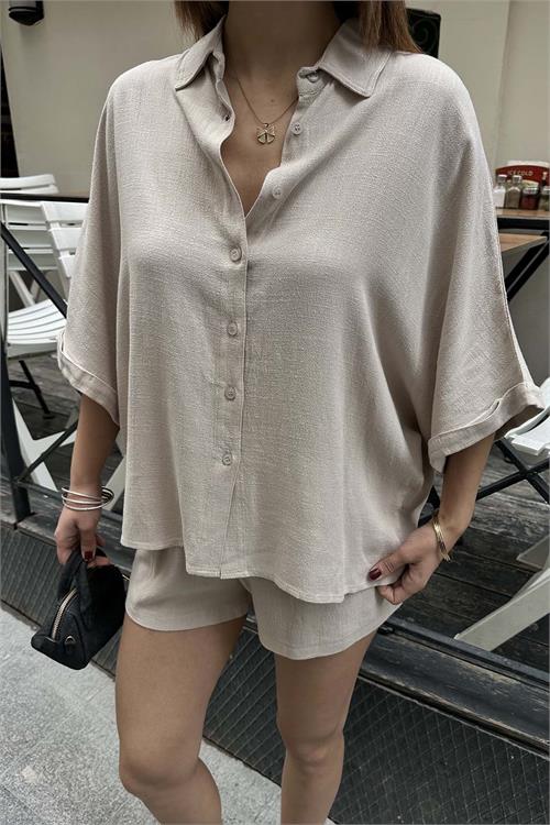 Kadın Bej Keten Salaş Gömlek Şort Takım ESR037 