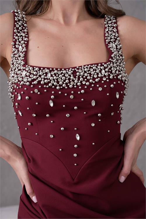 XXL Butik kadın likralı yırtmaç detaylı uzun abiye elbise X-NBS9367 