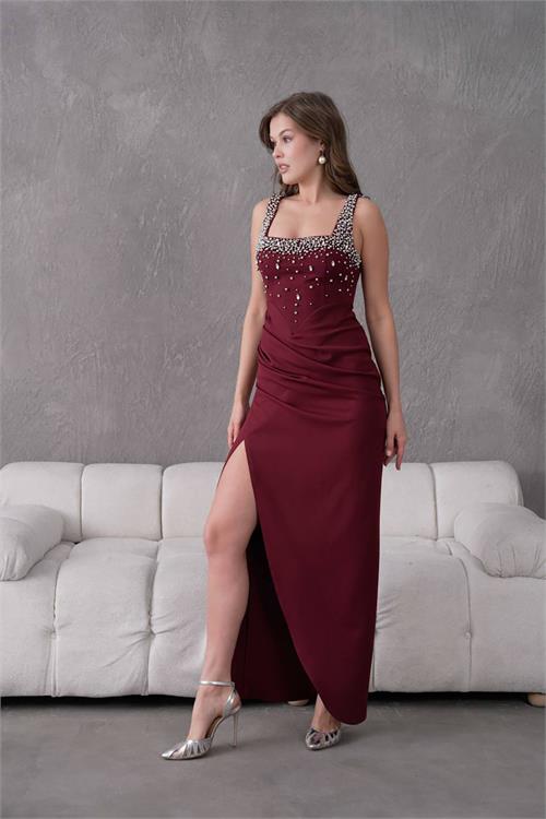 XXL Butik kadın likralı yırtmaç detaylı uzun abiye elbise X-NBS9367 