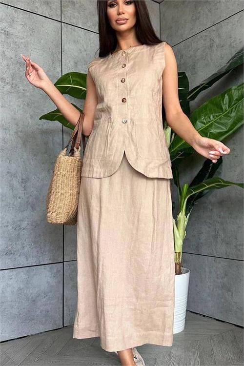 XXL Butik kadın bej astarsız yazlık keten takım X-NBEMP1072 