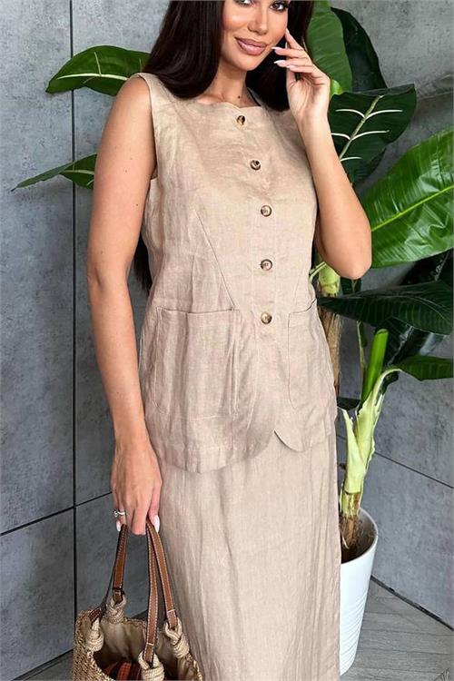 XXL Butik kadın bej astarsız yazlık keten takım X-NBEMP1072 
