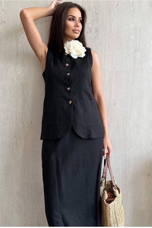 XXL Butik kadın siyah astarsız yazlık keten takım X-NBEMP1072 
