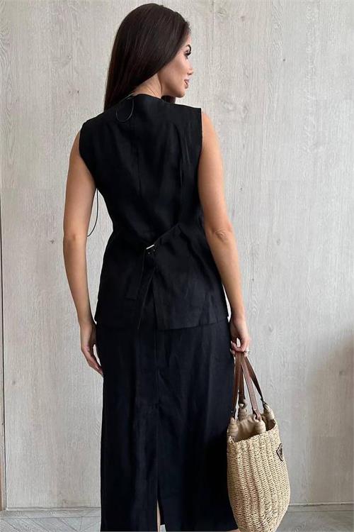 XXL Butik kadın siyah astarsız yazlık keten takım X-NBEMP1072 
