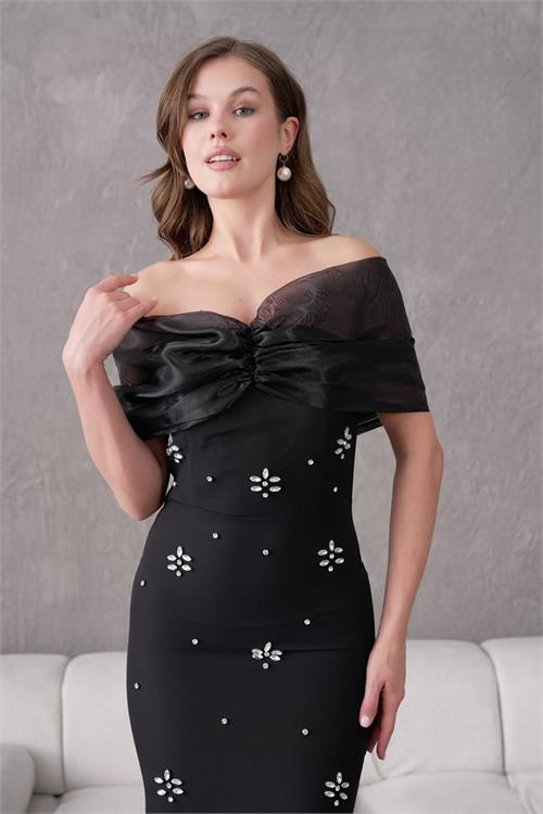 XXL Butik kadın siyah tül detaylı abiye elbise X-NBS9372 