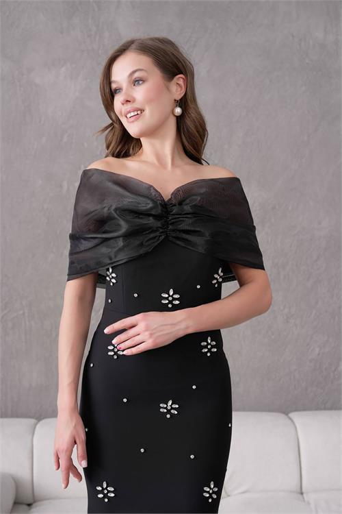 XXL Butik kadın siyah tül detaylı abiye elbise X-NBS9372 