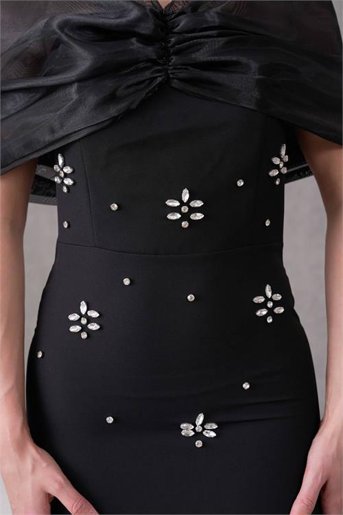 XXL Butik kadın siyah tül detaylı abiye elbise X-NBS9372 