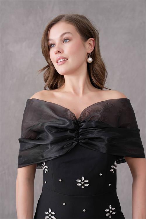 XXL Butik kadın siyah tül detaylı abiye elbise X-NBS9372 