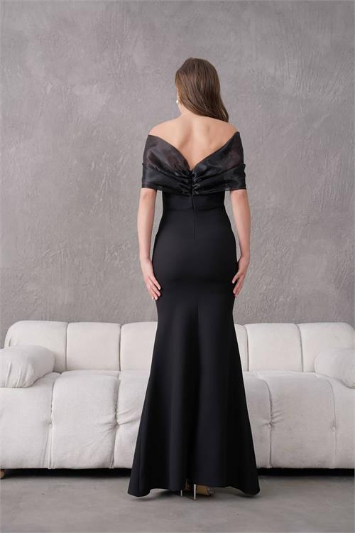 XXL Butik kadın siyah tül detaylı abiye elbise X-NBS9372 