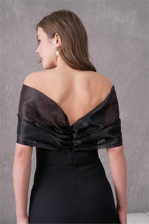XXL Butik kadın siyah tül detaylı abiye elbise X-NBS9372 