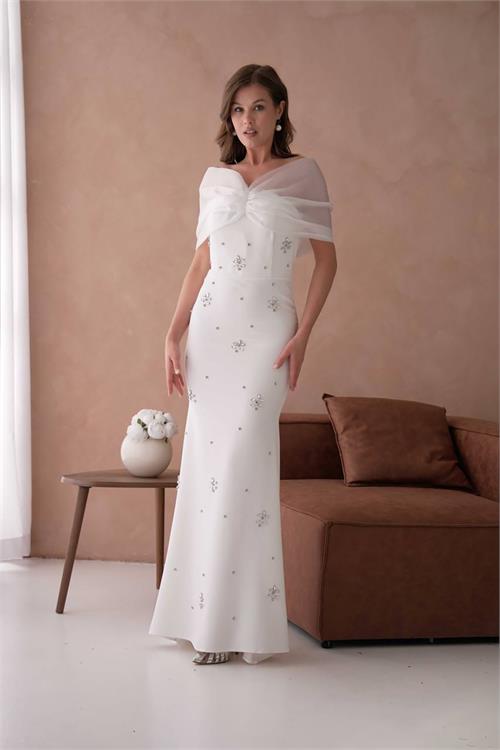 XXL Butik kadın beyaz astarlı tül detaylı abiye elbise X-NBS9372 