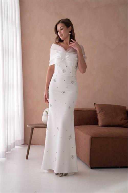 XXL Butik kadın beyaz astarlı tül detaylı abiye elbise X-NBS9372 