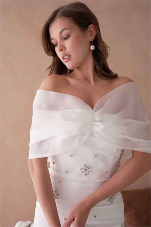 XXL Butik kadın beyaz astarlı tül detaylı abiye elbise X-NBS9372 