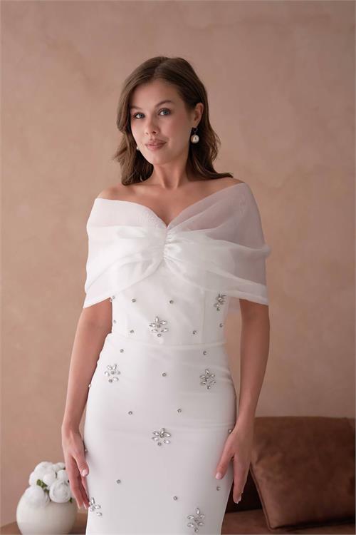 XXL Butik kadın beyaz astarlı tül detaylı abiye elbise X-NBS9372 