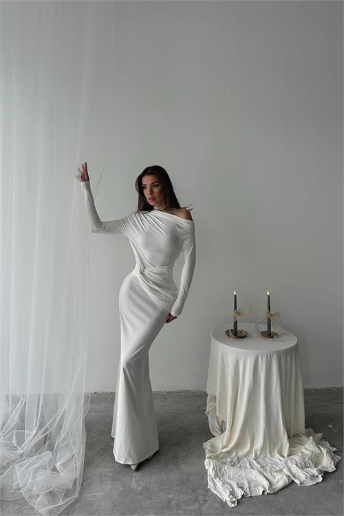 XXL Butik kadın beyaz likralı maxi uzun elbise X-NBDF0213 