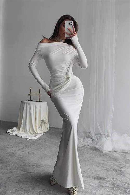 XXL Butik kadın beyaz likralı maxi uzun elbise X-NBDF0213 