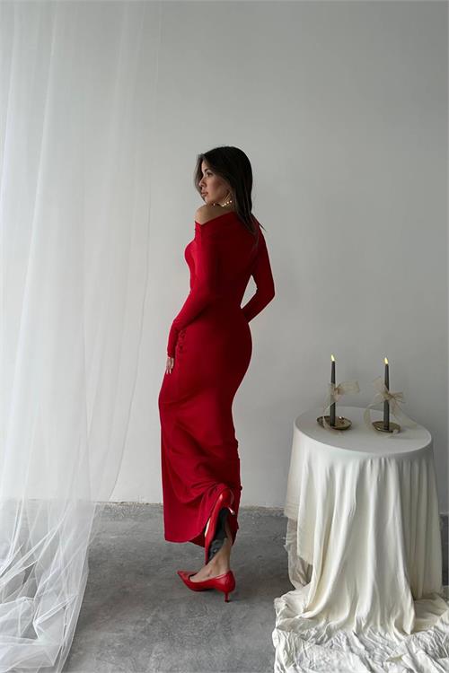 XXL Butik kadın kırmızı likralı maxi uzun elbise X-NBDF0213 