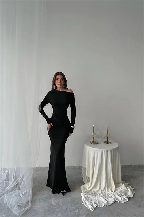 XXL Butik kadın siyah likralı maxi uzun elbise X-NBDF0213 