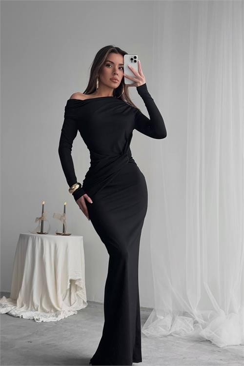 XXL Butik kadın siyah likralı maxi uzun elbise X-NBDF0213 