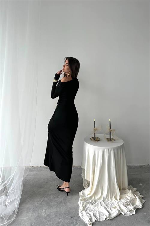 XXL Butik kadın siyah likralı maxi uzun elbise X-NBDF0213 