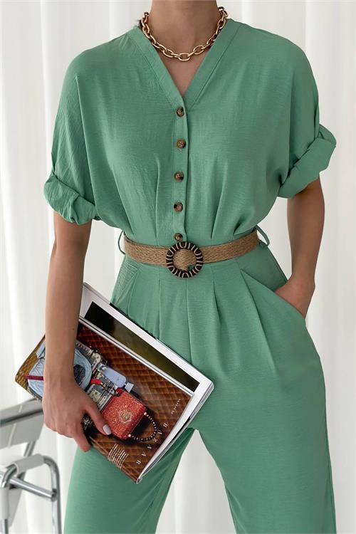 XXL Butik kadın ayrobin cep ve düğme detaylı tulum X-NBTG2000 