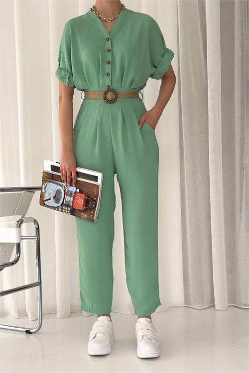 XXL Butik kadın ayrobin cep ve düğme detaylı tulum X-NBTG2000 