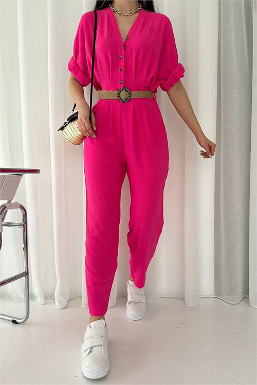 XXL Butik kadın ayrobin cep ve düğme detaylı tulum X-NBTG2000 