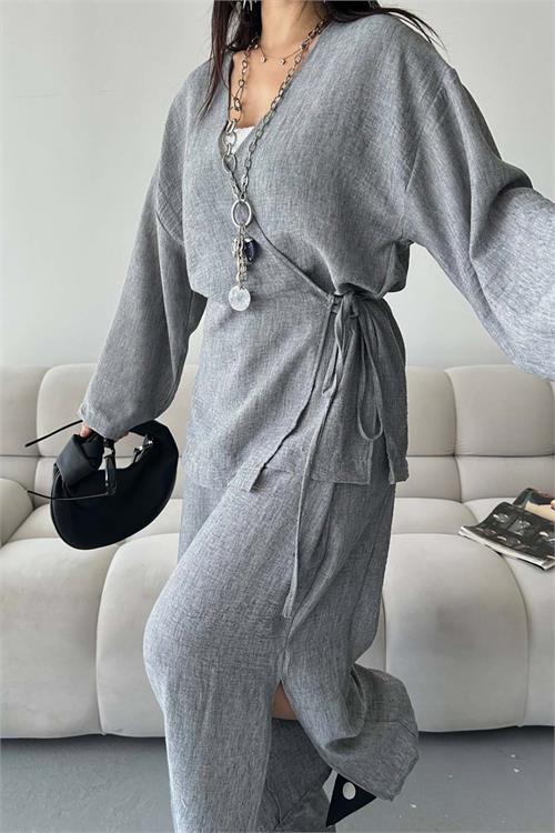 Kadın Antrasit Keten Kumaş Yan Bağlamalı Takım ESR087 