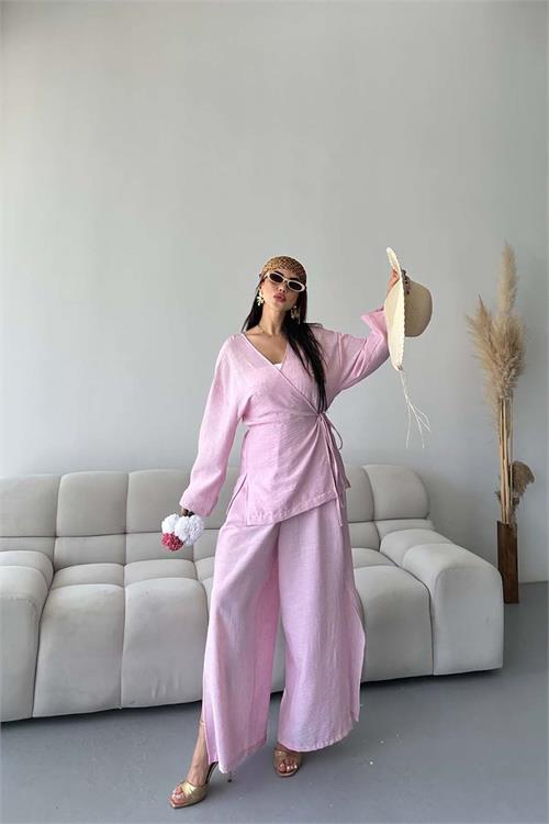 Kadın Pudra Keten Kumaş Yan Bağlamalı Takım ESR087 