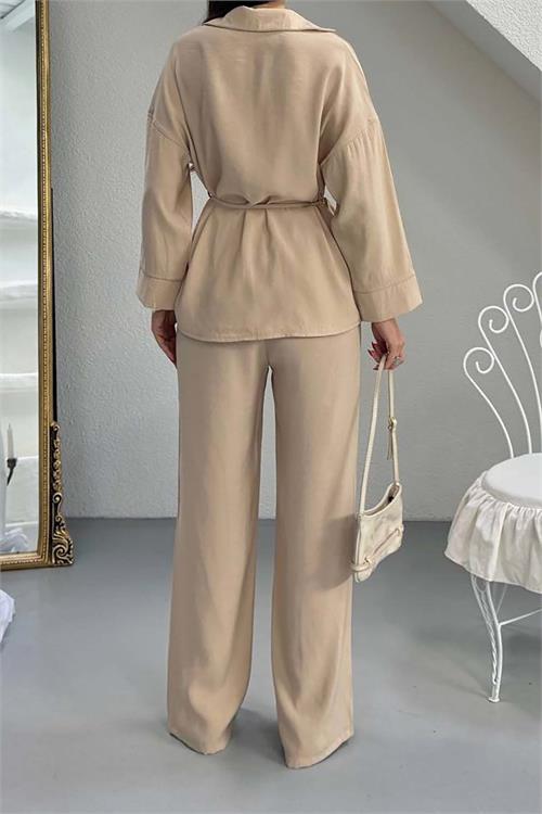 Kadın Bej Modal Gömlek Yaka Büzgü Detaylı Pantolon Takım ESR045 