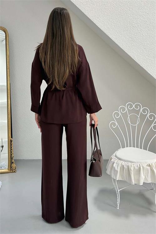 Kadın Acı Kahve Modal Gömlek Yaka Büzgü Detaylı Pantolon Takım ESR045 