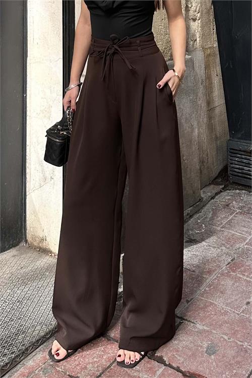 Kadın Kahverengi Yüksek Bel Maxi Palazzo Pantolon ESR042 