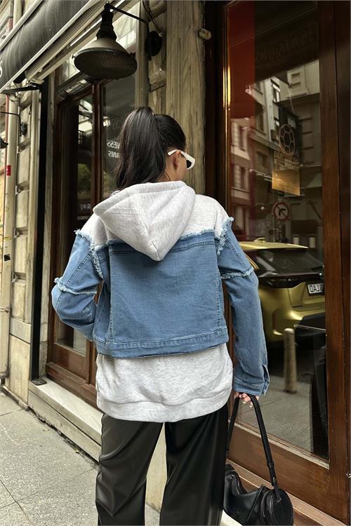 Kadın Mavi Jean Detaylı Kapüşonlu Fermuarlı Sweat Ceket ESR018 
