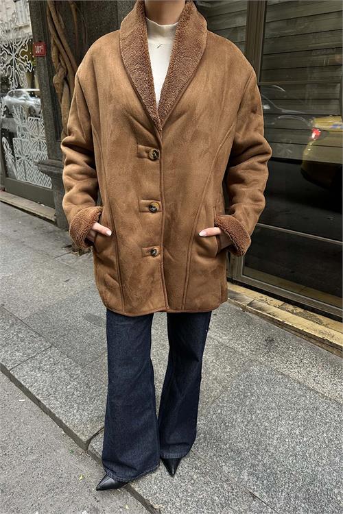 Kadın Kahverengi Süet Görünümlü İçi Kürklü Ceket ESR021 