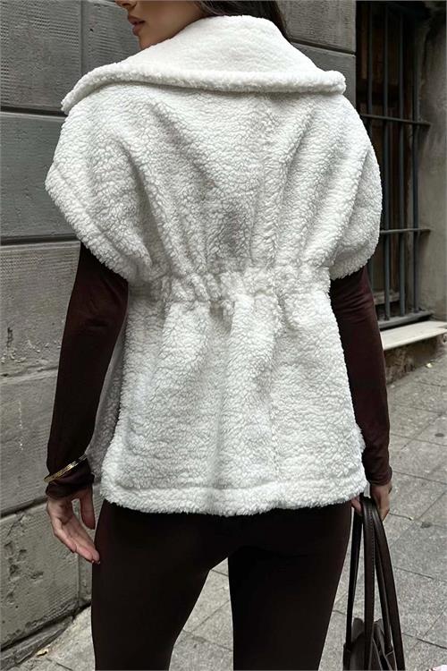 Kadın Ekru Peluş Yelek Kemer Detaylı Oversize ESR026 