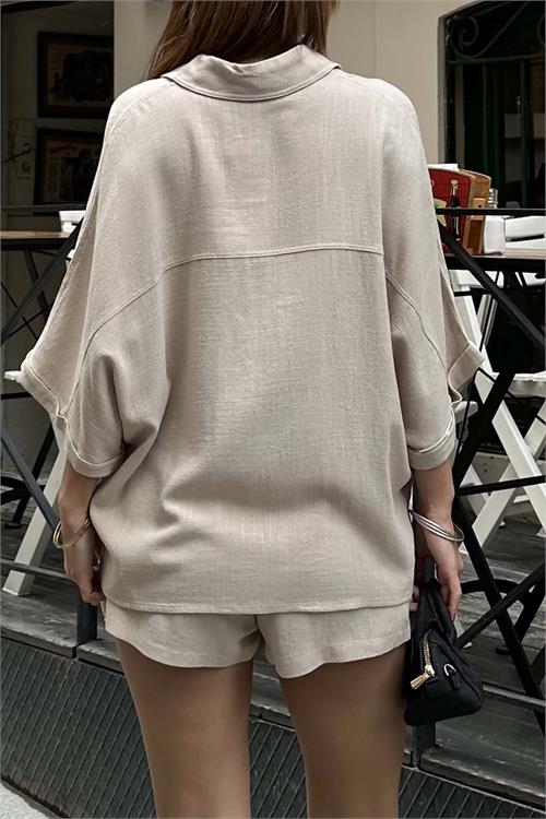 Kadın Bej Keten Salaş Gömlek Şort Takım ESR037 